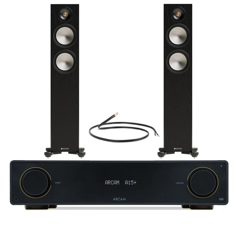 Arcam A15+ Integrated Amplifier with Monitor Audio Bronze 300 7G Floorstanding Speakers Pair - Black