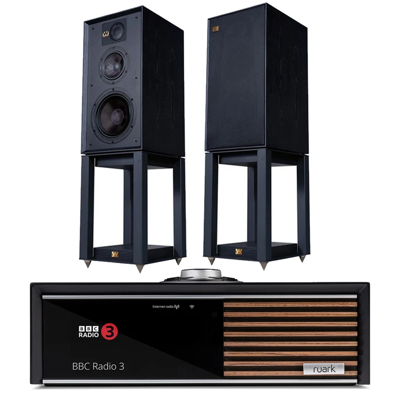 Ruark R610 Music Console Charcoal with Wharfedale Linton Heritage Standmount Speakers Black with Matching Stands