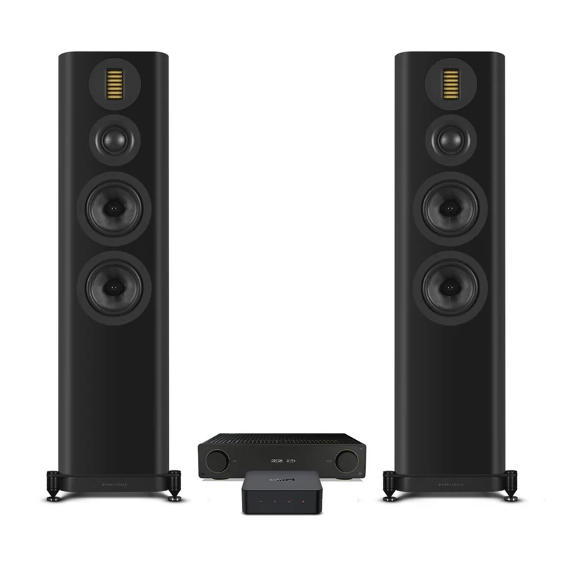 Arcam A15+ Integrated Amplifier with WiiM Pro Plus Streamer and Wharfedale EVO 5.4 Floorstanding Speakers Hi-Fi Package - Black
