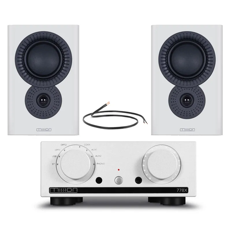 Mission 778X Integrated Amplifier Silver with LX-2 MKII Bookshelf Speakers White Pair HiFi Package