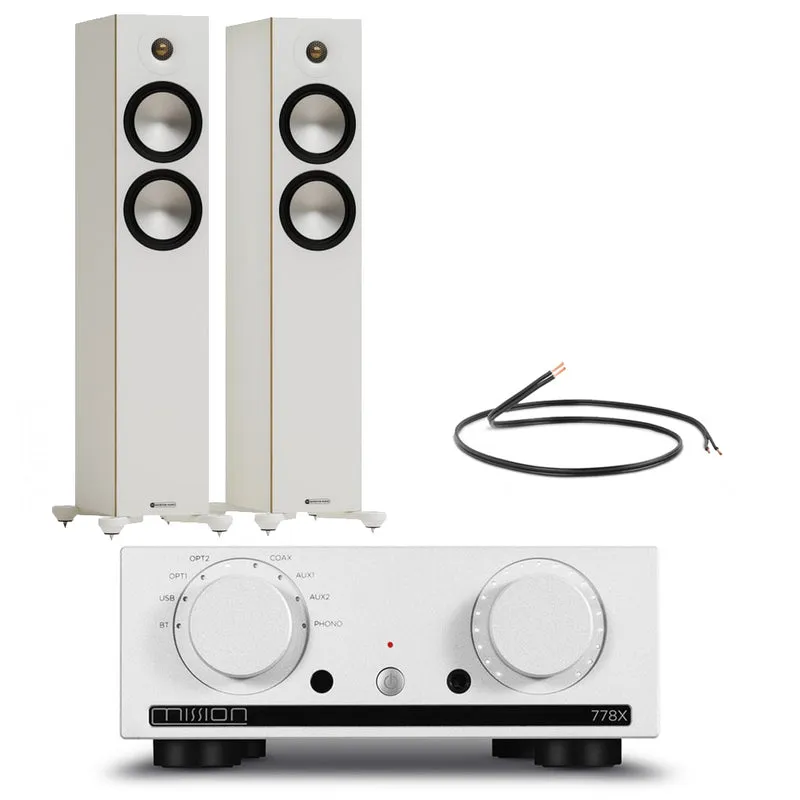 Mission 778X Integrated Amplifier Silver with Monitor Audio Bronze 300 7G Floorstanding Speakers White Pair HiFi Package