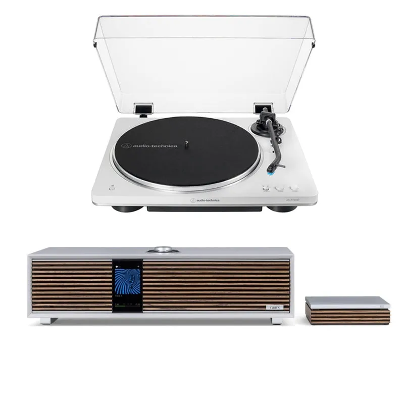 Ruark R410 Music System Grey with R-CD100 CD Player & Audio Technica AT-LP70XBT Automatic Wireless BT Turntable Silver