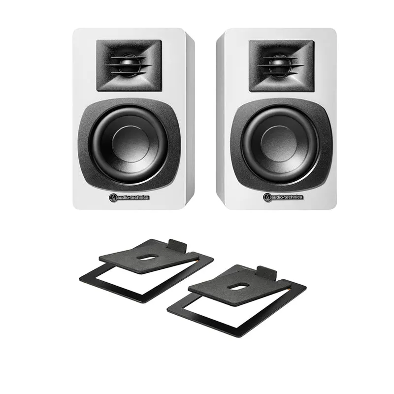 Audio Technica AT-SP3X Powered Bluetooth Bookshelf Speakers White with AT-ST3 Stands Pair