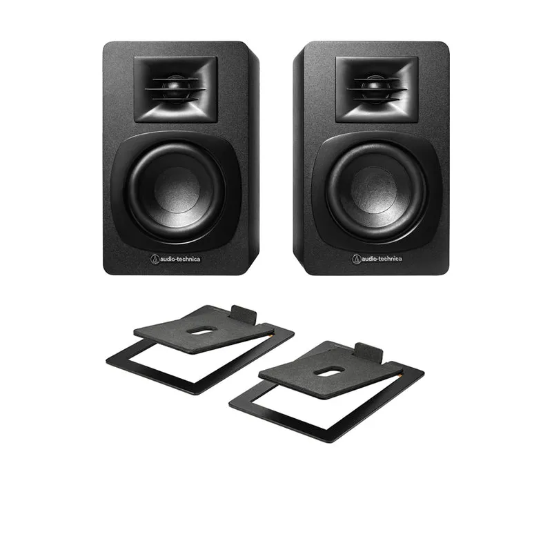 Audio Technica AT-SP3X Powered Bluetooth Bookshelf Speakers with AT-ST3 Stands Pair - Black