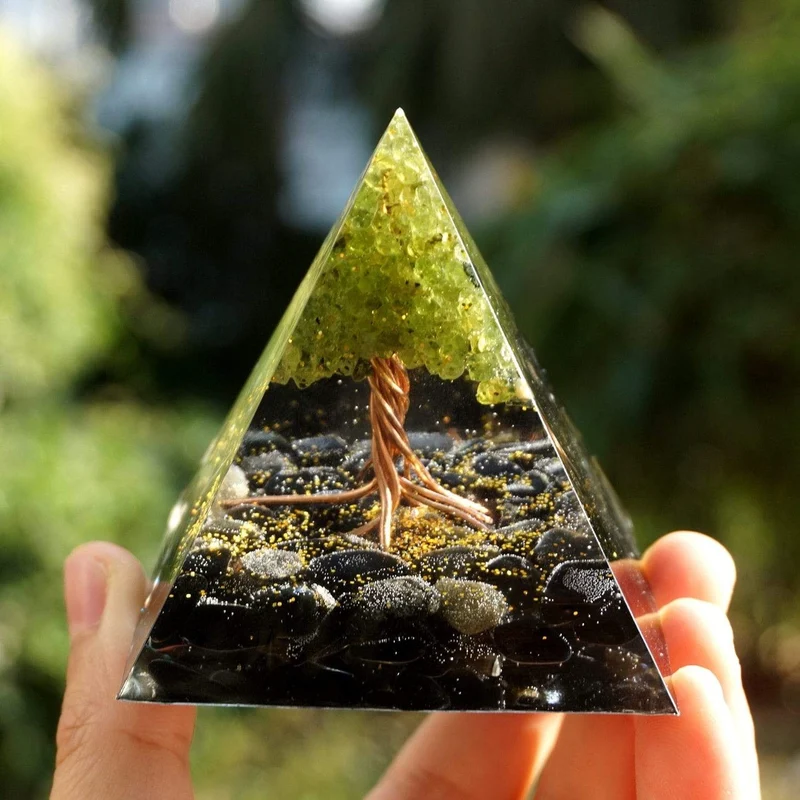 Peridot & Obsidian Tree of Life Orgone Pyramid