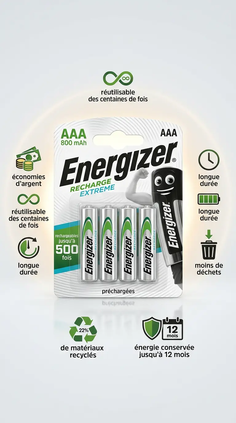 Energizer Recharge Extreme AAA — Lot de 4 Piles Rechargeables 800 mAh | Prêtes à l'emploi